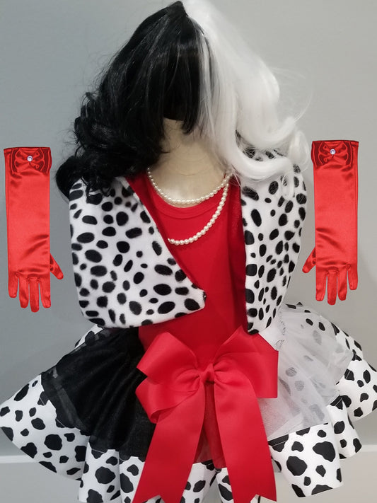 Girls 6 Piece CRUELLA DEVILLE Costume Ribbon Tutu Outfit Includes Ribbon Tutu, Tshirt, Shawl, Gloves, Wig and Beads ADORABLE!