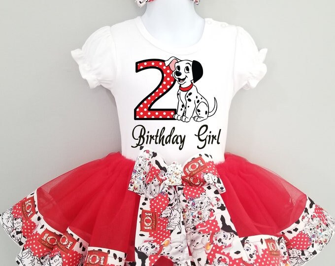 Girls 3 Piece DALMATIAN Birthday Ribbon Tutu Outfit Includes Ribbon Tutu, Tshirt or Onesie and Matching Hair Bow