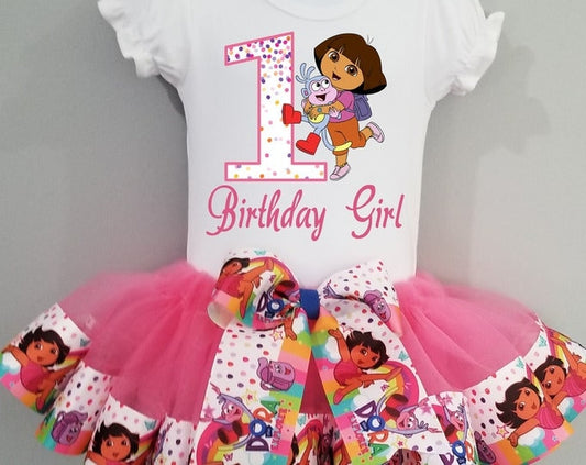 Girls 3 Piece DORA Birthday Ribbon Tutu Outfit | Ribbon Tutu, Tshirt or Onesie & Matching Hair Bow | Dora the Explorer Birthday Dress