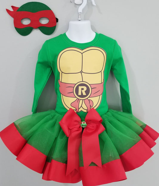 Girls 3 Piece NINJA TURTLE Birthday Ribbon Tutu Outfit Includes Ribbon Tutu, Tshirt or Onesie and Matching MASK