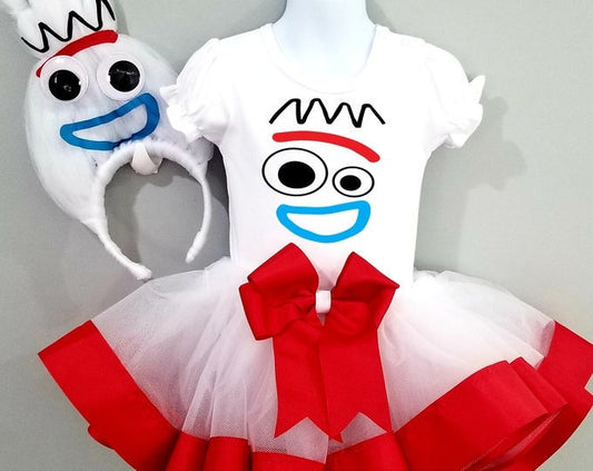 Girls 3 Piece FORKY Costume Ribbon Tutu Outfit Includes Ribbon Tutu, Tshirt or Onesie and Matching Hair Bow