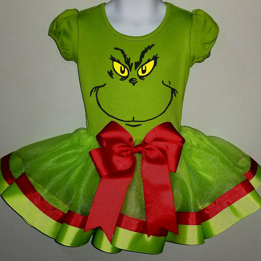 Girls 3 Piece GRINCH HALLOWEEN Costume Ribbon Tutu Outfit Includes Ribbon Tutu, Tshirt and Matching Lime Green Hair Bow