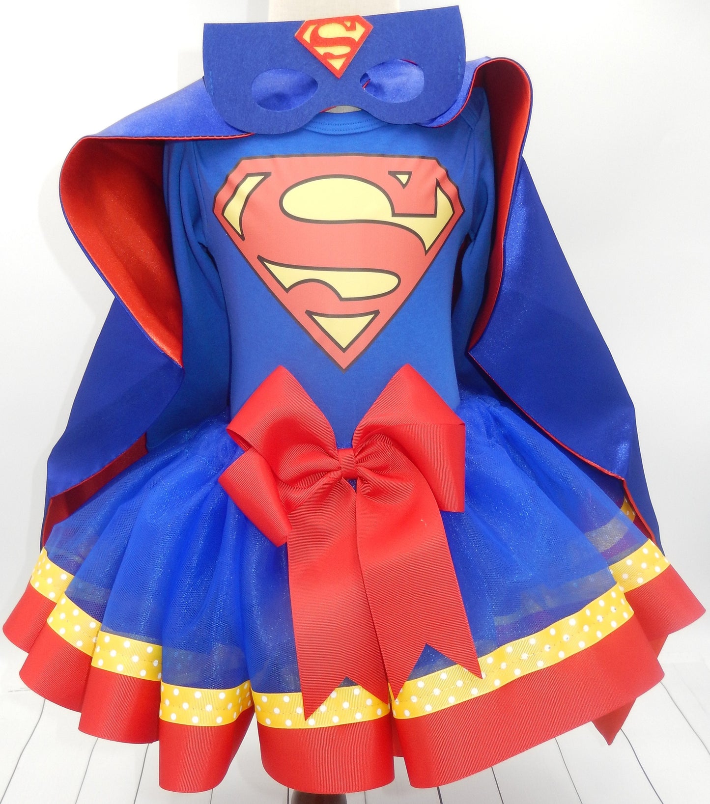 Girls 4 Piece SUPERMAN Costume Ribbon Tutu Outfit Includes Ribbon Tutu, Tshirt or Onesie, Cape and Mask | SUPERMAN Dress