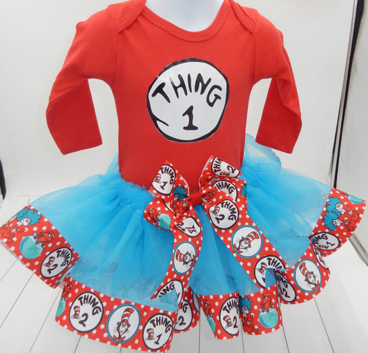 Girls 3 Piece THING ONE Thing Two Costume Ribbon Tutu Outfit | Includes Ribbon Tutu, Tshirt and Matching Headband