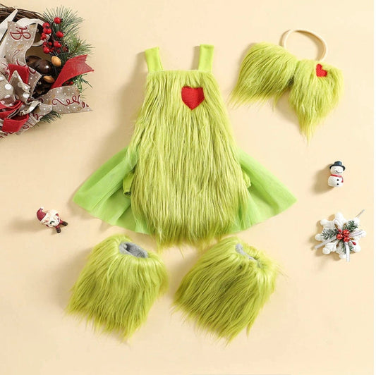 BABY Girls 3 Piece GRINCH Christmas Costume | Includes Furry One Piece Dress with Matching Leg Warmers and Headband | Adorable Photo Prop