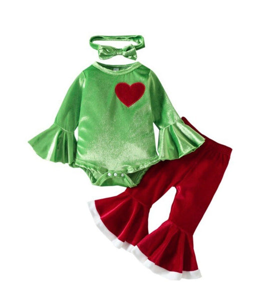 Baby Girls 3 Piece GRINCH Christmas Outfit |  Velvet Long Sleeve Lime Onesie with Red Velvet Big Bell Pants | CLEARANCE 60% Off