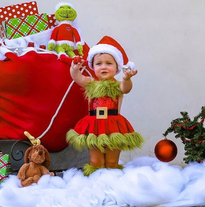 Christmas Grinch Baby Sequin Bodysuit Dress | Newborn Toddler Furry Red Christmas Romper