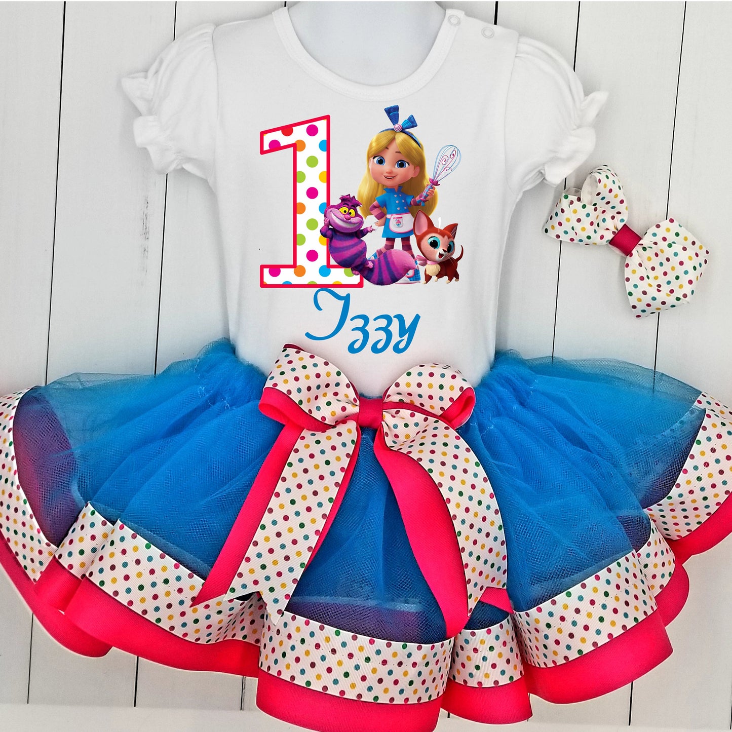 Girls ALICE BAKERY 3 Piece Ribbon Tutu Outfit | ALICE Ribbon Tutu, Tshirt or Onesie and Matching Hair Bow | Adorable!