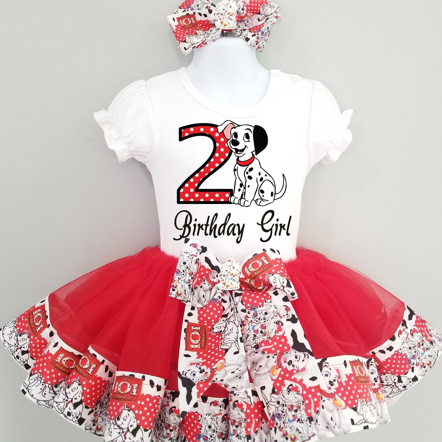 Girls 101 DALMATIONS 3 Piece Ribbon Tutu Outfit | DALMATION DOG Birthday Ribbon Tutu, Tshirt or Onesie and Matching Hair Bow | Adorable!