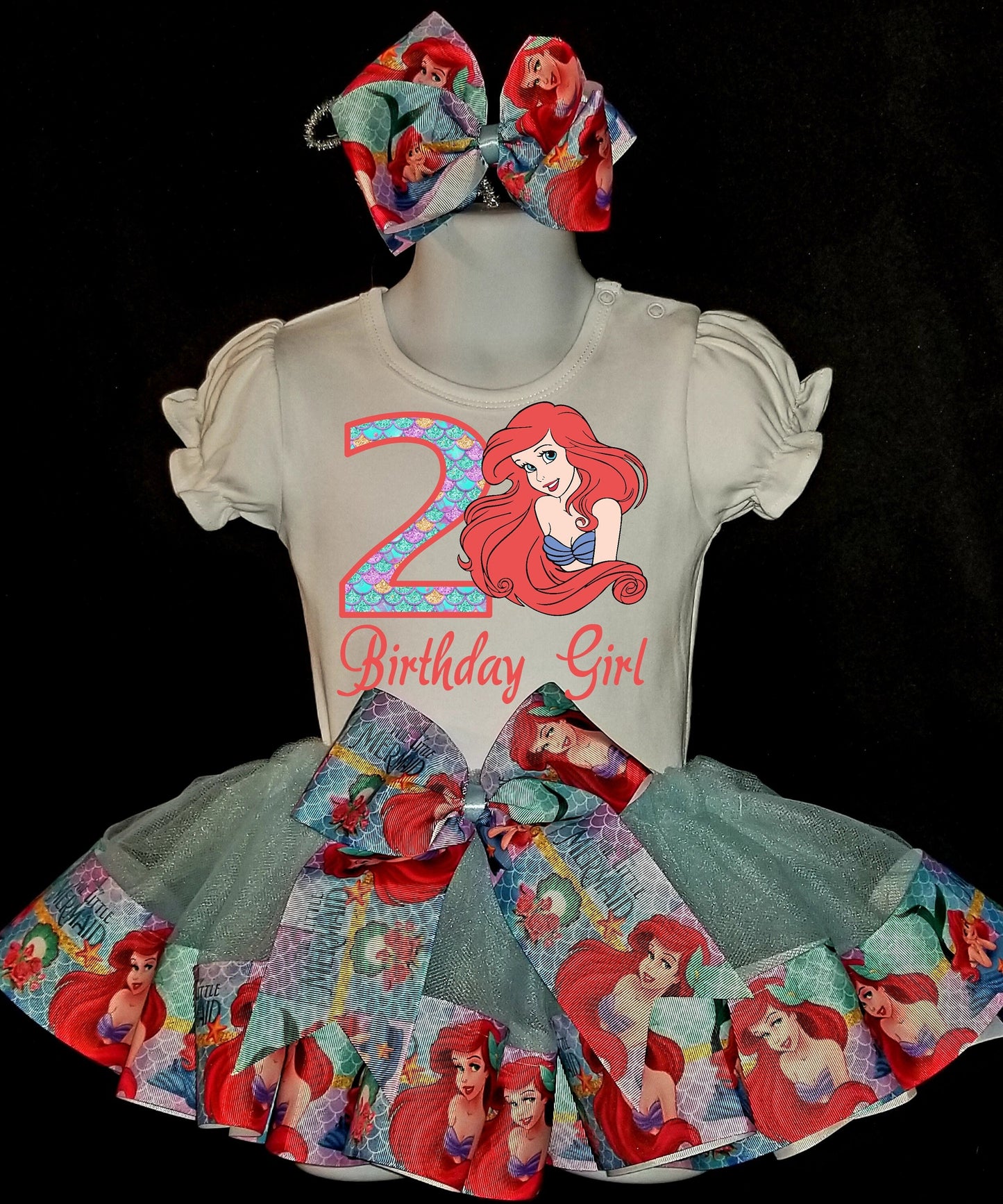 Girls LITTLE MERMAID 3 Piece Ribbon Tutu Outfit | Princess Ariel Ribbon Tutu, Tshirt or Onesie and Matching Hair Bow | Adorable!