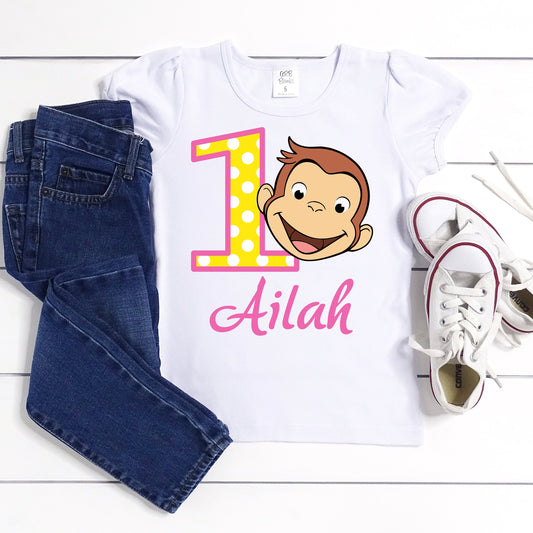 Baby Toddler Girls CURIOUS GEORGE Birthday Tshirt | MONKEY White Puffed Sleeve Birthday Shirt | Adorable!