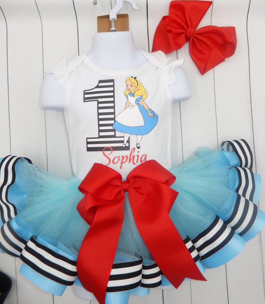 Girls ALICE in WONDERLAND 3 Piece Ribbon Tutu Outfit | ALICE Ribbon Tutu, Tshirt or Onesie and Matching Hair Bow | Adorable!