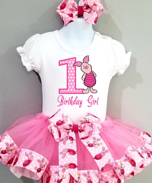 Girls PIGLET 3 Piece Birthday Ribbon Tutu Outfit |  Winnie  the Pooh PIGLET Ribbon Tutu, Tshirt or Onesie and Matching Hair Bow | Adorable!