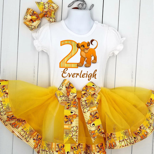 Girls LION KING 3 Piece Ribbon Tutu Outfit | SIMBA Ribbon Tutu, Tshirt or Onesie and Matching Hair Bow | Adorable!