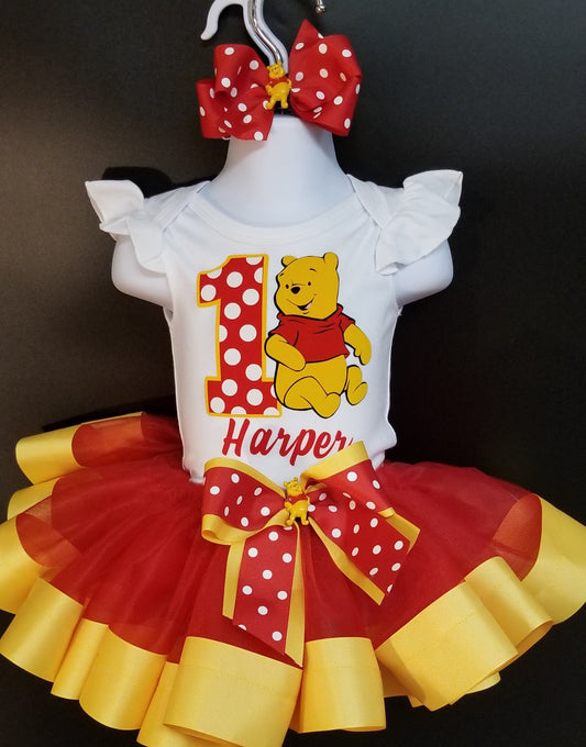 Girls WINNIE THE POOH 3 Piece Birthday Ribbon Tutu Outfit |  Winnie Ribbon Tutu, Tshirt or Onesie and Matching Hair Bow | Adorable!