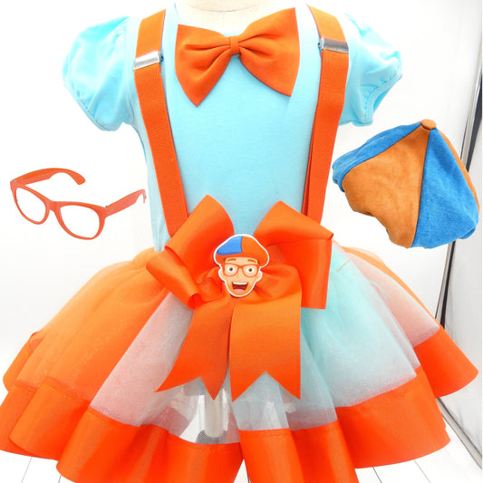 Girls BLIPPI 6 Piece Ribbon Tutu Outfit | BLIPPI Birthday Ribbon Tutu, Tshirt or Onesie and Matching Hair Bow | Adorable Costume!