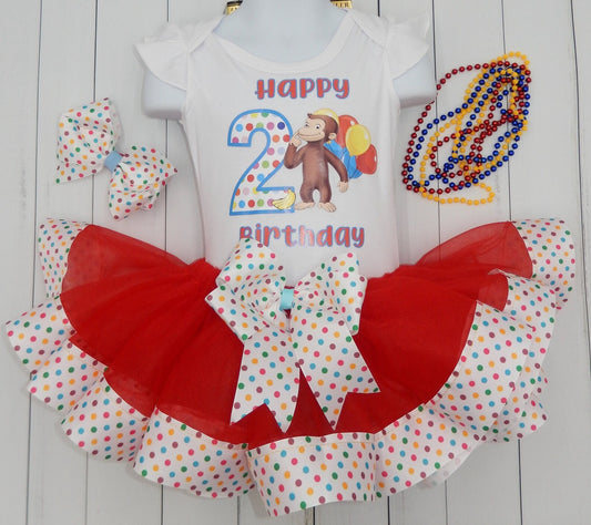 Girls CURIOUS GEORGE 3 Piece Ribbon Tutu Outfit | CURIOUS Monkey Polkadot Ribbon Tutu, Tshirt or Onesie and Matching Hair Bow | Adorable!