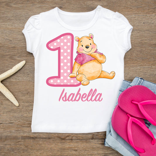 Baby Toddler Girls Pastel WINNIE THE POOH Birthday Tshirt | Winnie the Pooh White Puffed Sleeve Birthday Shirt | Adorable!