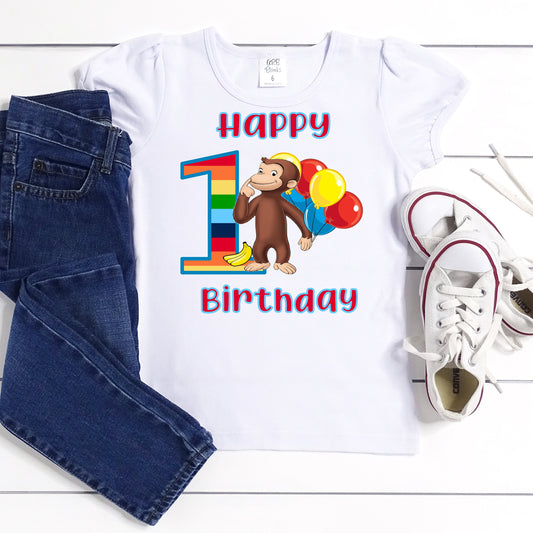 Baby Toddler Girls CURIOUS GEORGE Birthday Tshirt | MONKEY White Puffed Sleeve Birthday Shirt | Adorable!