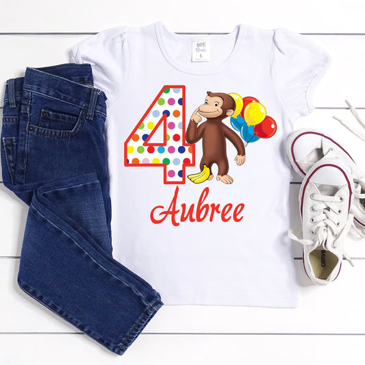 Baby Toddler Girls CURIOUS GEORGE Birthday Tshirt | MONKEY White Puffed Sleeve Birthday Shirt | Adorable!