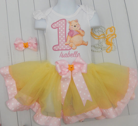 Girls WINNIE THE POOH 3 Piece Birthday Ribbon Tutu Outfit |  Winnie Ribbon Tutu, Tshirt or Onesie and Matching Hair Bow | Adorable!