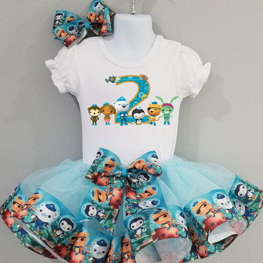 Girls OCTONAUTS 3 Piece Ribbon Tutu Outfit | TWEAK KWAZII Captain Barnacles Birthday Ribbon Tutu, Tshirt & Matching Hair Bow | Adorable!