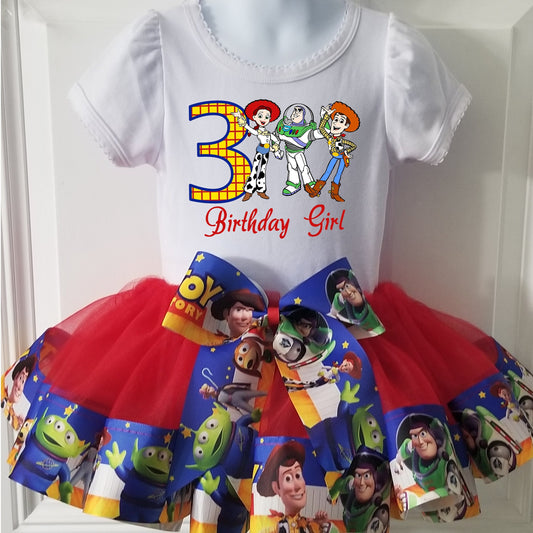 Girls TOY STORY 3 Piece Ribbon Tutu Outfit | Buzz Woody Jessie Ribbon Tutu, Tshirt or Onesie and Matching Hair Bow | Adorable!