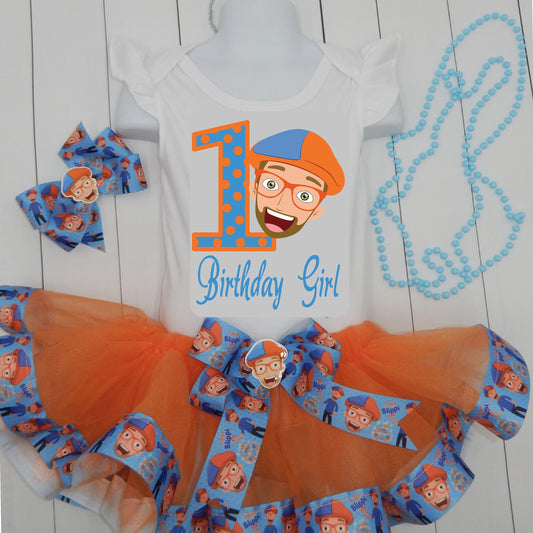 Girls BLIPPI 3 Piece Ribbon Tutu Outfit |  BLIPPI  Birthday Ribbon Tutu, Tshirt and Matching Hair Bow | Blippi Birthday Dress