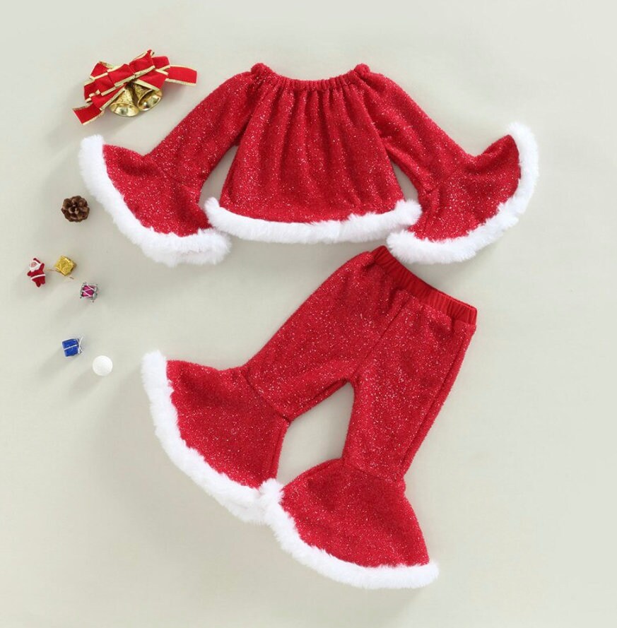 Girls Christmas 2 Piece Outfit | CLEARANCE SALE | Red Glitter Flared Pants & Matching Top | Christmas Clearance 60% Off!