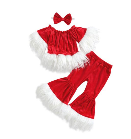 Girls Christmas 3 Piece Velour Outfit | CLEARANCE SALE | Red Flared Pants, Matching Top & Headband | Christmas Clearance 60% Off!