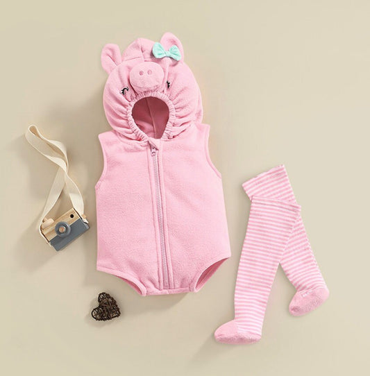 Baby Toddler Halloween PIG 3 Piece Costume | Hooded Long Sleeve BEAR Halloween Costume with Stripe Leg Warmers | CLEARANCE 70% Off