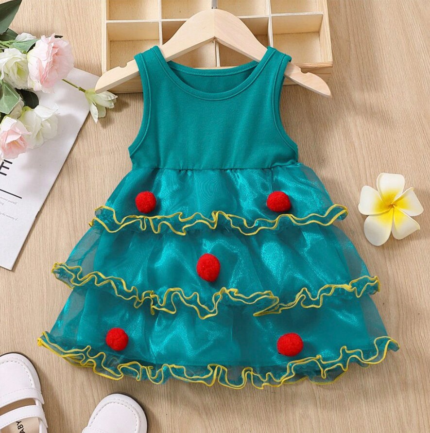 Girls Christmas TREE Dress | CLEARANCE SALE | Baby Christmas Dress with Pompoms | Christmas Clearance 70% Off!