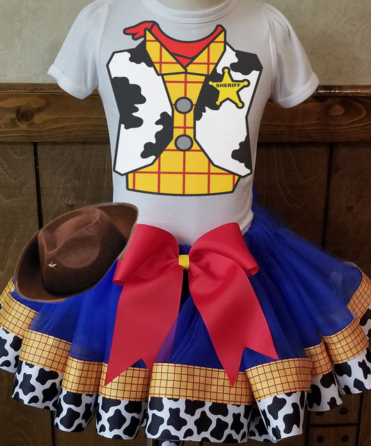 Girls TOY STORY Woody 3 Piece Ribbon Tutu Outfit | Woody Costume Ribbon Tutu, Tshirt or Onesie and Matching Cowboy Hat | Adorable!