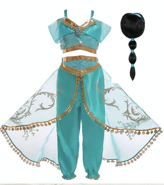 Girls 2 Piece Aladdin Jasmine Costume | Princess Jasmine Dress and Matching Wig | Princess Halloween Costume Dress | ADORABLE!