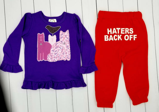 MIRANDA SINGS 2 Piece Halloween Costume | Purple Long Sleeve Tshirt and Red Sweatpants with Haters Back Off