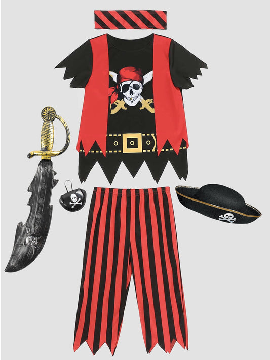 Boys 6 Piece PIRATE Costume | Pirate Pants, Shirt, Headband, Eye Patch, Sword and Hat | Adorable!