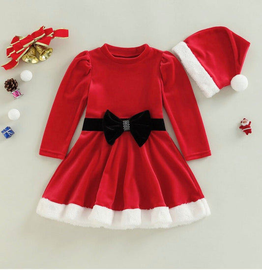 Girls Christmas 2 Piece Red Velour Dress Outfit | CLEARANCE SALE | Santa Claus Dress & Matching Hat | Christmas Clearance 60% Off!