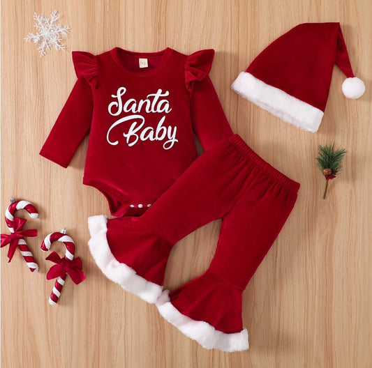 Girls Christmas Velour 3 Piece Outfit | CLEARANCE SALE | Red  Flared Pants, Matching Onesie & Hat  | Christmas Clearance 60% Off!