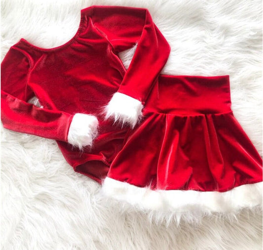 Girls Christmas Velour 2 Piece Outfit | CLEARANCE SALE | Red Velvet Soft Skirt and Matching Onesie | Christmas Clearance 60% Off!