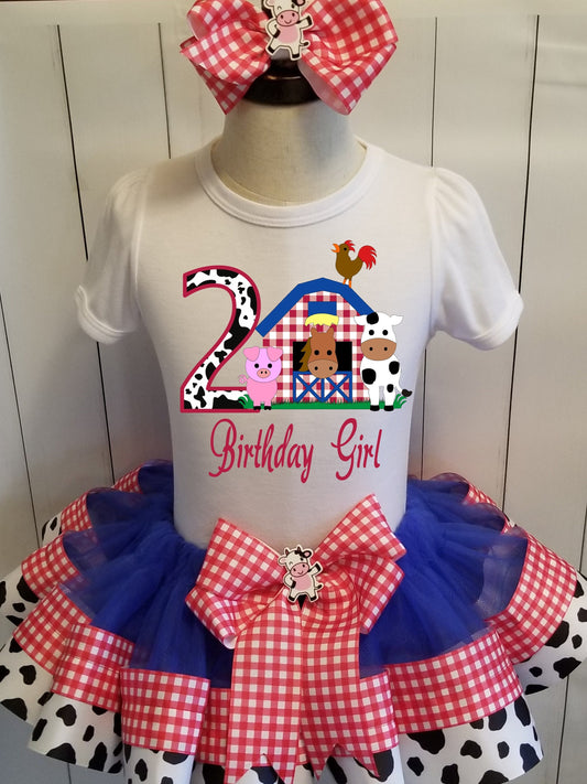 Girls Farm Animal 3 Piece Ribbon Tutu Outfit | Baby Toddler Barn Ribbon Tutu, Tshirt and Matching Hair Bow | Cow Horse Pig Tutu | ADORABLE!