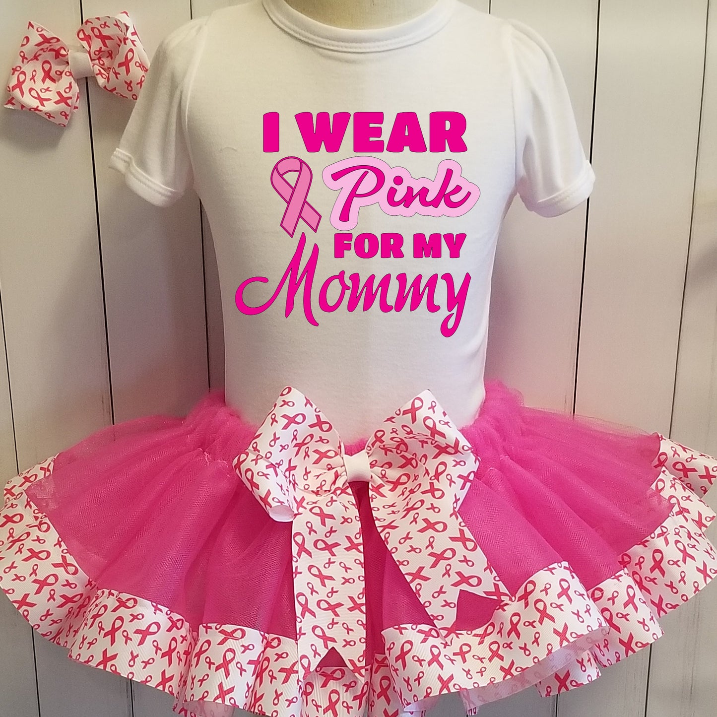 Girls BREAST CANCER AWARENESS Ribbon Tutu | 3 Piece Ribbon Tutu, Tshirt and Matching Hair Bow | I Wear Pink For My Mommy Tutu Dress