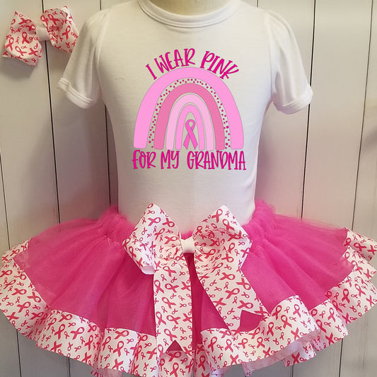 Girls BREAST CANCER AWARENESS Ribbon Tutu | 3 Piece Ribbon Tutu, Tshirt and Matching Hair Bow | I Wear Pink For My Grandma Tutu Dress