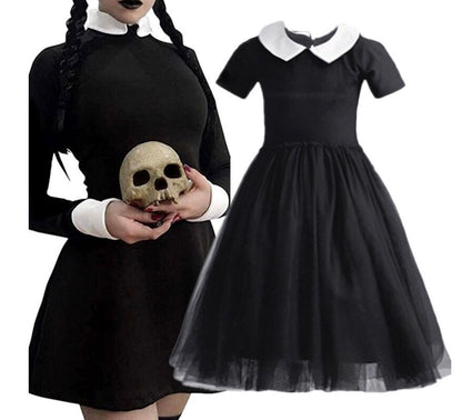 Girls 2 Piece WEDNESDAY ADAMS Halloween Costume | Wednesday Black Dress and Matching Wig | Adams Family Halloween Costume | ADORABLE!