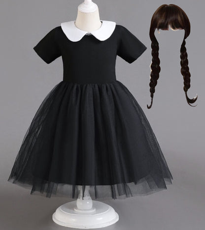 Girls 2 Piece WEDNESDAY ADAMS Halloween Costume | Wednesday Black Dress and Matching Wig | Adams Family Halloween Costume | ADORABLE!