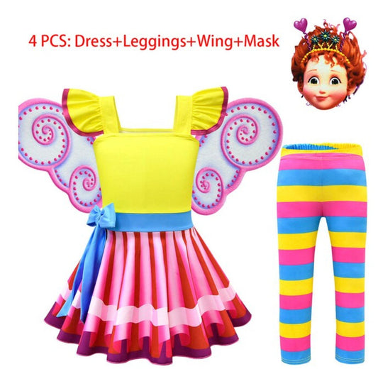 GIRLS 4 Piece Fancy Nancy Clancy Outfit | Dress, Striped Leggings, Wings and Face Mask Halloween Costume | Nancy Costume