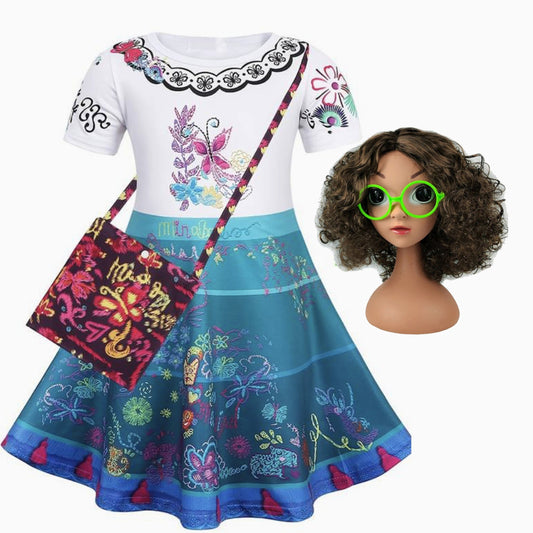 Girls 4 Piece ENCANTO MIRABEL Costume | Princess Mirabel Dress, Purse, Glasses and Matching Wig | Limited Quantity!