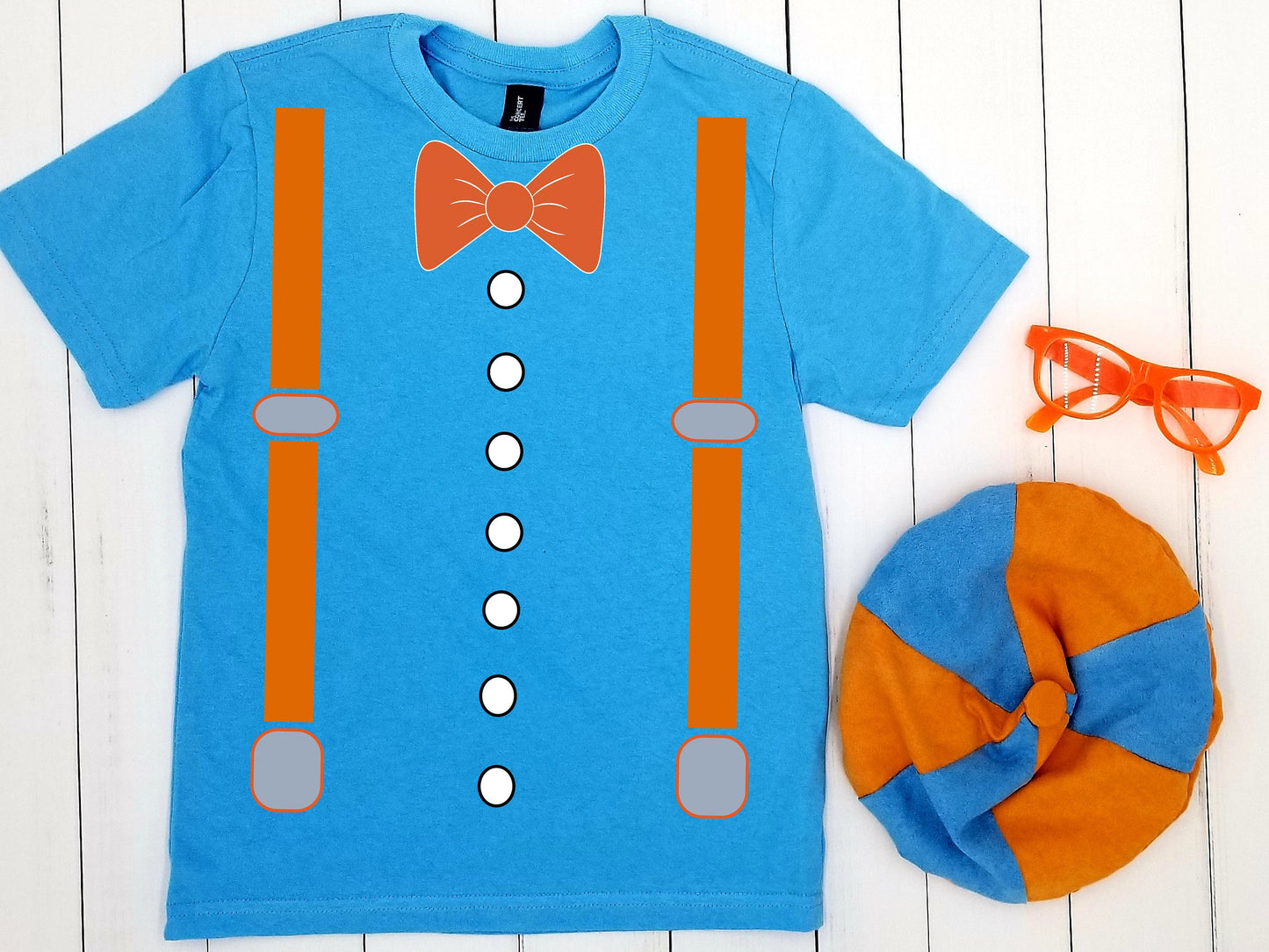 CHILD BLIPPI 3 Piece Costume Set | BLIPPI Tshirt with Bow Tie and Suspenders, Glasses and Matching Hat | Blippi Halloween Costume