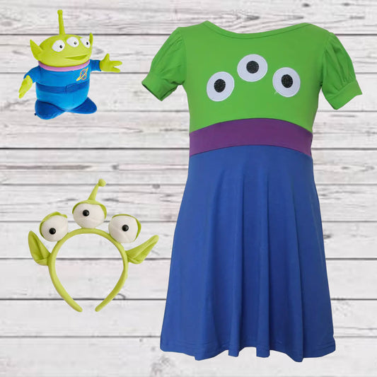 Girls 2 Piece ALIEN Halloween Costume | Toy Story Alien Dress, Jewelry and Matching Headband | Limited Quantity!