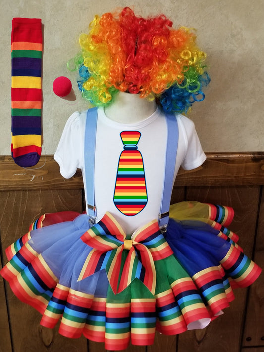 Baby Girls 6 Piece CLOWN Halloween Costume | RAINBOW Stripe Clown Ribbon Tutu, Tshirt, Suspenders, Wig, Red Nose & Stripe Socks | L@@K