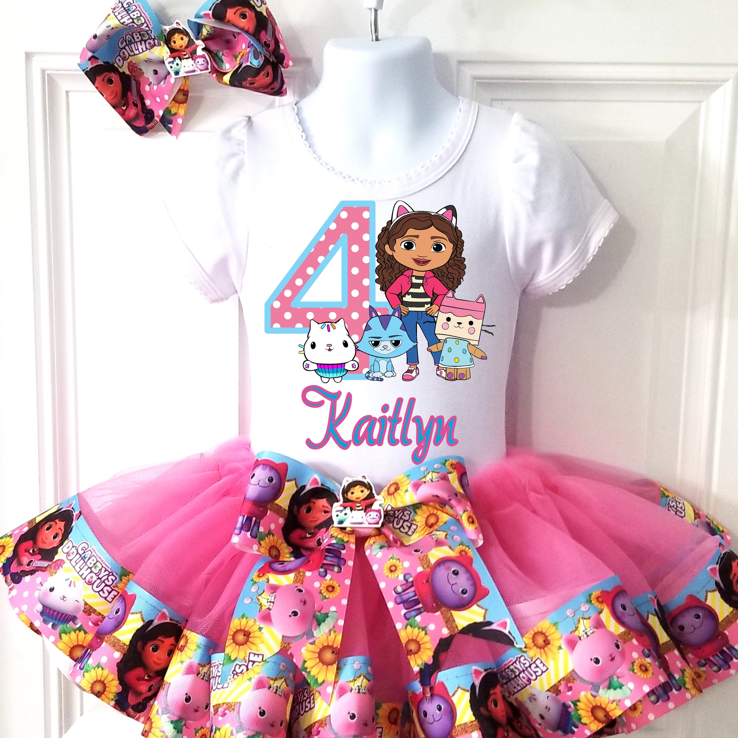 Girls 3 Piece GABBY'S DOLLHOUSE CAKEY Birthday Ribbon Tutu Outfit Includes Ribbon Tutu, shops Tshirt or Onesie and Matching Hair Bow